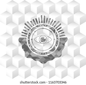 eye icon inside retro style grey emblem with geometric cube white background