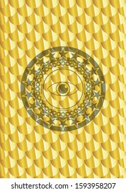 eye icon inside shiny golden badge. Scales pattern. Vector Illustration. Detailed.