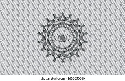 ícono de ojo dentro de placa o emblema plateado. Patrón de escalas. Ilustración vectorial. Detallado.