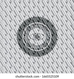 eye icon inside silver shiny badge. Scales pattern. Vector Illustration. Detailed.
