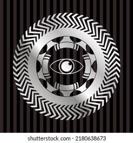 eye icon inside silvery shiny badge. 
