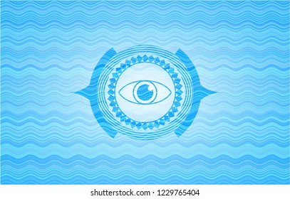 eye icon inside sky blue water style emblem.