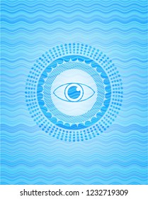 eye icon inside sky blue water wave badge.