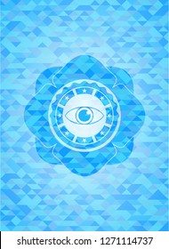 eye icon inside sky blue emblem with mosaic ecological style background