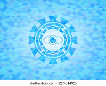 eye icon inside sky blue emblem with triangle mosaic background