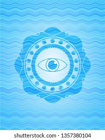 eye icon inside sky blue water wave emblem.