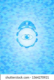 eye icon inside sky blue emblem with triangle mosaic background