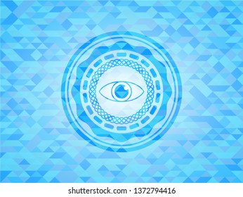 eye icon inside sky blue emblem with mosaic ecological style background