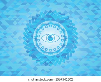eye icon inside sky blue emblem with mosaic background