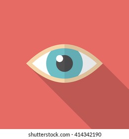 Eye icon with long shadow. Flat design style. Eye silhouette. Simple icon. Modern flat icon in stylish colors. Web site page and mobile app design vector element.