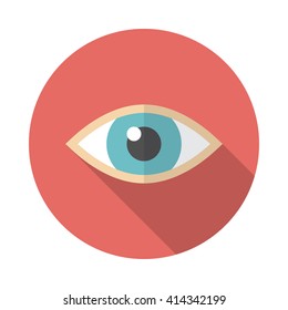 Eye icon with long shadow. Flat design style. Round icon. Eye silhouette. Simple circle icon. Modern flat icon in stylish colors. Web site page and mobile app design vector element.