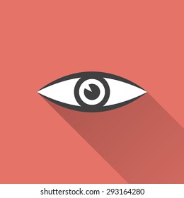 Eye icon with a long shadow on a red background. Vector illustration.