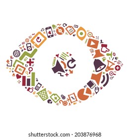 eye icon made of colorful media and communication icons, symbolizing online multimedia