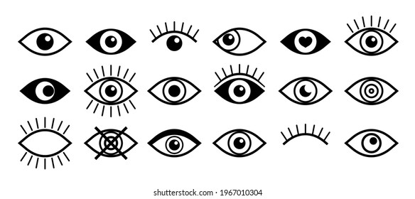 Eye icon. Open and close eye. Eyeball with eyelash. Outline icon for vision of human. Graphic symbol of look and vision. Set of black logo for observe, optical and medicine. Shape for see. Vector.