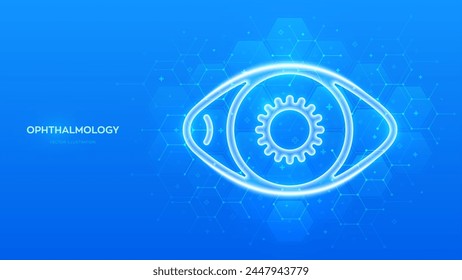 Eye icon. Ophthalmology. Vision eye care. Ophthalmologist consultation. Eye Exam. Laser Surgery. Choosing glasses. Molecular structure. Blue medical background with hexagons. Vector illustration.