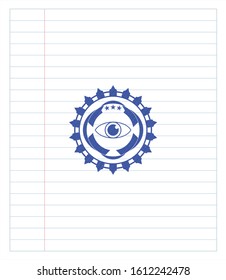 eye icon pen emblem. Blue ink. Vector Illustration. Detailed.