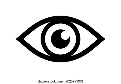 Eye icon. Pictogram of view, optical eyesight and anatomy. Symbol of eyeball, vision, science and web. Logo of human eye for website and search. Simple silhouette isolated on white background. Vector.