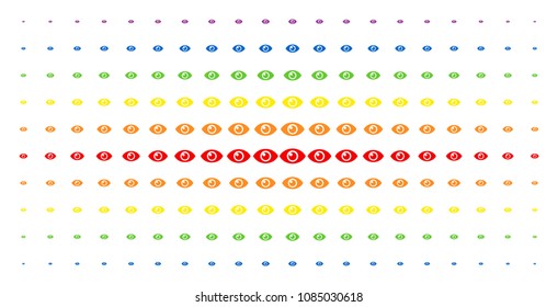 Eye icon rainbow colored halftone pattern. Vector eye pictograms are arranged into halftone grid with vertical spectral gradient. Designed for backgrounds, covers, templates and abstraction concepts.