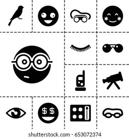 Eye icon. set of 13 filled eyeicons such as sparrow, baby monitor phone, eyelash, eyeshadow palette, welding glasses, crazy emot, blush, nerd emoji, dollar smiley, sunglasses