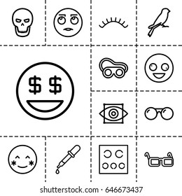 Eye icon. set of 13 outline eyeicons such as sparrow, pipette, eyelashes, welding glasses, eye test, glasses, sunglasses, eye scan, skull, crazy emot, blush, rolling eyes emot
