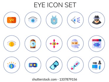 eye icon set. 15 flat eye icons.  Collection Of - virtual reality, vision, visualization, big ben, body, mummy, spy, eyes, goggles, scan, pipette