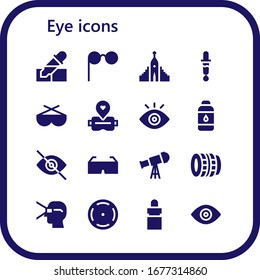 eye icon set. 16 filled eye icons. Included Pipette, Glasses, Hallgrimskirkja, Color picker, Sunglasses, Virtual reality, View, Contact lens, Blind, 3d glasses, Telescope icons