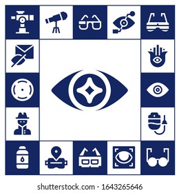 eye icon set. 17 filled eye icons.  Simple modern icons such as: Telescope, Hidden, Focus, Eye, Spy, Hamsa, View, Dropper, Contact lens, Virtual reality, 3d glasses, Bionic