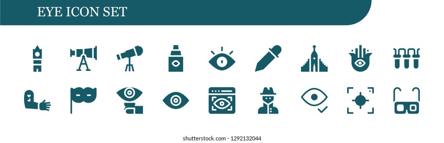  eye icon set. 18 filled eye icons. Simple modern icons about  - Big ben, Telescope, Eye dropper, Eye, Eyedropper, Hallgrimskirkja, Hamsa, Filter, Tattoo, mask, Lens, View