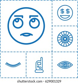 Eye icon. set of 6 eye outline icons such as baby monitor phone, eyelash, eye, rolling eyes emot, dollar smiley
