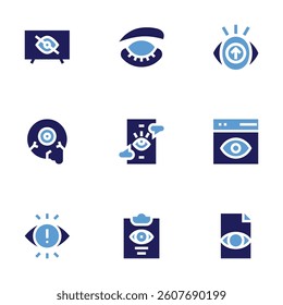 Eye icon set. Bold style. Duotone colors. spyware, smart tv, report, monitoring, eyeball, visibility, preview, vision, eyelash.