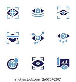 Eye icon set. Bold style. Duotone colors. retinal scan, wrinkles, eye scanner, eye tracking, eye drops, tear, chart.