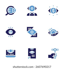 Eye icon set. Bold style. Duotone colors. mentalist, chat, clipboard, eyeball, vision, computer, visionary, conjunctival papilloma.