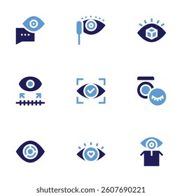 Eye icon set. Bold style. Duotone colors. mascara, message, vision, view, reflective, visualization, eyelashes, in love, check.