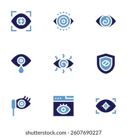 Eye icon set. Bold style. Duotone colors. hypnosis, insight, blindness, weep, mascara, vision, views, obsession.