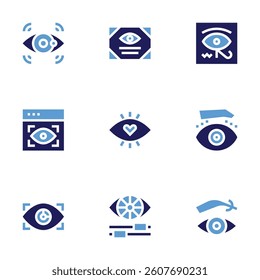 Eye icon set. Bold style. Duotone colors. focus, view, optometry, color adjustment, hieroglyph, blepharoplasty, eyebrow.