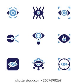 Eye icon set. Bold style. Duotone colors. eye scan, eye recognition, eye, eyes, hide, target.