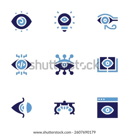 Eye icon set. Bold style. Duotone colors. vision, eye of ra, book, cyber, trial frame, eye, hypnosis, view, contact lens.