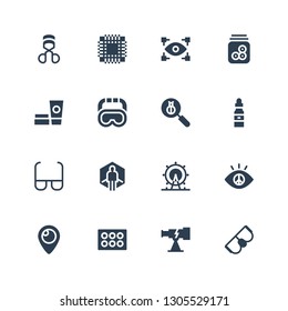 eye icon set. Collection of 16 filled eye icons included Goggles, Telescope, Eyeshadow, Periscope, Vision, London eye, Virtual reality, Glasses, Dropper, Len, Cosmetics, Eyeball
