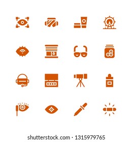 eye icon set. Collection of 16 filled eye icons included White balance, Eyedropper, Vision, Mascara, Ear dropper, Telescope, Eye shadow, Virtual reality, Eyeball, Blinds,