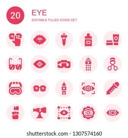 eye icon set. Collection of 20 filled eye icons included Eye glasses, Pipette, Ear dropper, Cosmetics, Glasses, Vision, Virtual reality, Big ben, Eyelashes curler, Goggles