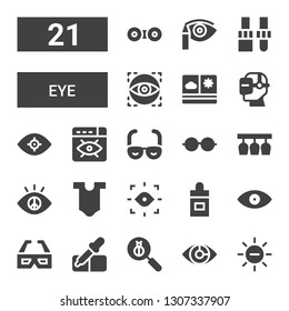 eye icon set. Collection of 21 filled eye icons included White balance, Eye scan, Len, Pipette, 3d glasses, Ear dropper, Body, Vision, Glasses, Eyeglasses, Virtual reality