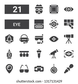 eye icon set. Collection of 21 filled eye icons included Dropper, Hypnosis, Virtual reality, Glasses, Periscope, Eye scan, Telescope, Pipette, Big ben, Vision, Goggles, shadow