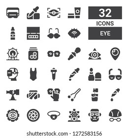 eye icon set. Collection of 32 filled eye icons included Goggles, Frankenstein, London eye, Eyepatch, Lens, Visibility, Pipette, Effervescent, Nose, Eye glasses, Safety glasses