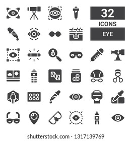 eye icon set. Collection of 32 filled eye icons included Eye, Big ben, Goggles, Periscope, Vision, Pipette, Virtual reality, Eyeshadow, Eyelashes curler, Eyeball, Preview, View