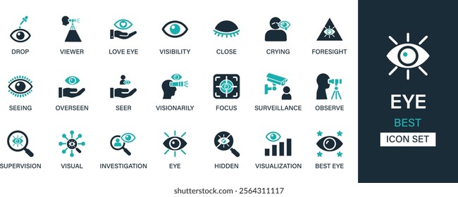 Eye icon set collection. Drop, viewer, love eye, visibility, close, crying, foresight, seeing, overseeing, visionary and best solid icon set.