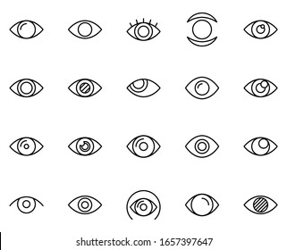 Eye icon set. Collection of thin line icons. 20 high quality outline logo on white background. Pack of symbols for design website, mobile app, printed material, etc.