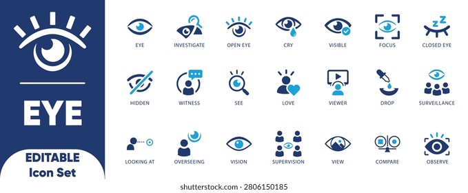 Eye icon set. eye, compare, cry, hidden, vision, visual, investigate, looking, love, visible, surveillance, and solid illustration.