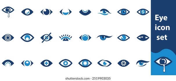 Eye icon set. Containing eyes, see, visible, surveillance, view, vision, witness, looking at, supervision and focus icons. Solid icon collection. Vector ..