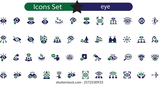 Eye icon set. Containing eyes, see, visible, surveillance, view, vision, witness, looking at,