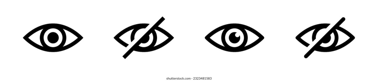 Eye icon set. Eye and crossed eye signs. See and unsee symbol. Hide or show password. Vector illustration.